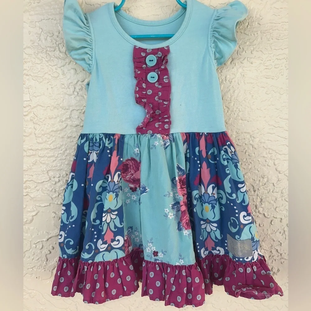 EleaNor Rose Girls Blue Floral Ruffle Dress Size 3/4 Boutique Cottagecore